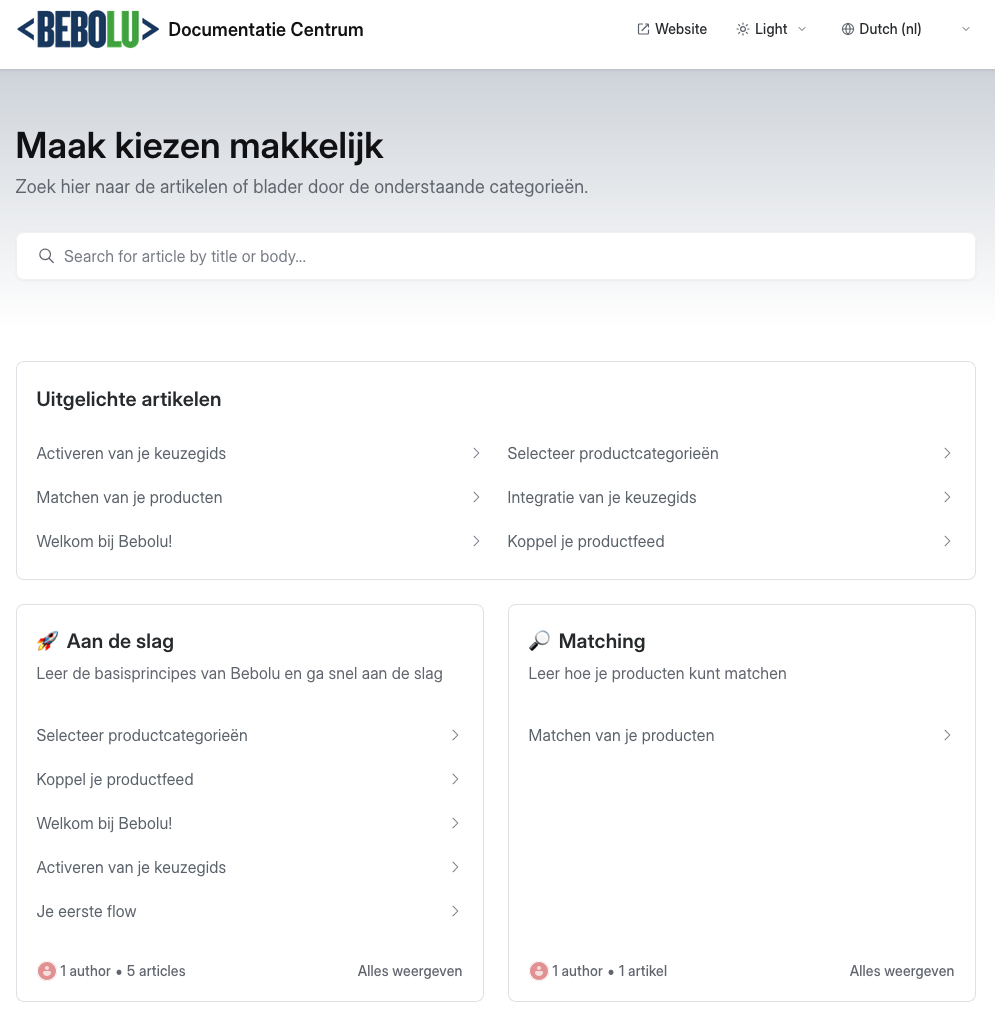 Screenshot van onze support hub